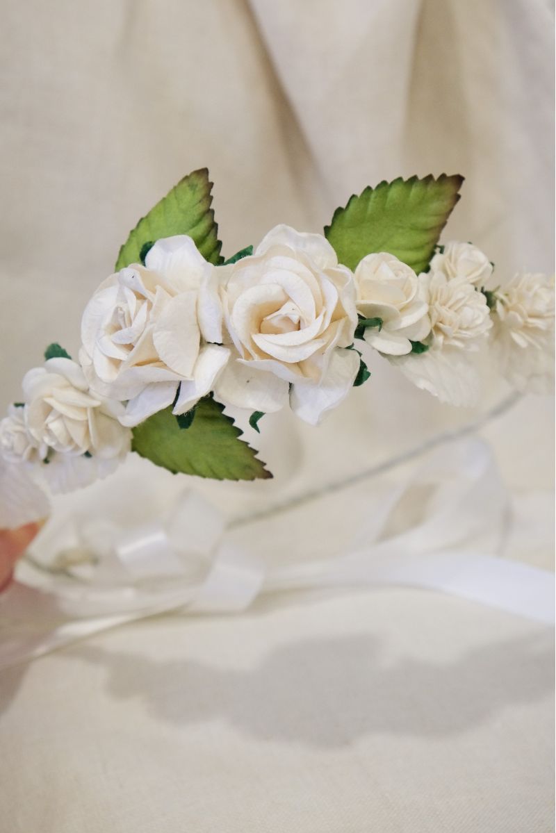 White Rose Sided Flower Crown With Satin Ribbon Tie.